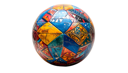 A vibrant, multi-colored soccer ball featuring intricate geometric patterns and designs, set against a stark black background