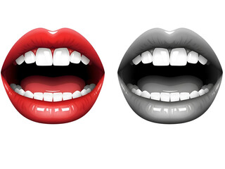 Fototapeta premium Vibrant Red and Grayscale Open Mouths with Teeth and Tongue Graphic Art on white background Isolated on Transparent Background