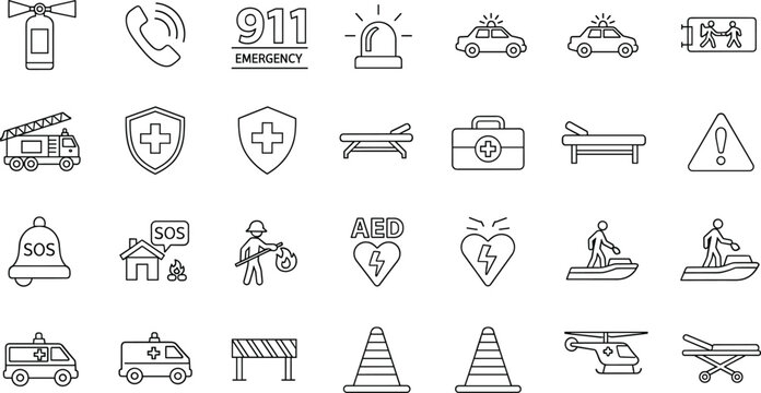Emergency And First Aid Line Icon Set With Ambulance Police Fire Rescue SOS And Medical Symbols Vector Illustration