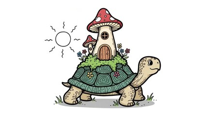 Fototapeta premium Fantasy Tortoise House with Mushroom Roof and Flowers, Sunny Day