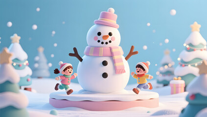 Children playing and chasing around a giant clay snowman