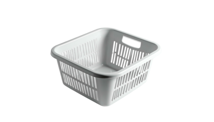 A white plastic laundry basket with a rectangular shape, featuring integrated handles and a slotted design for ventilation. The basket sits against black