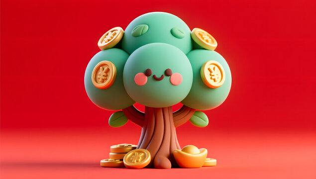 Cute clay style money tree 3D illustration on red background