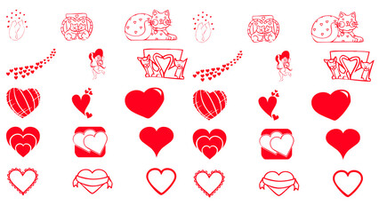 Red heart icons and cute cat illustrations on white and black background