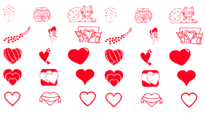 Red heart icons and cute cat illustrations on white and black background