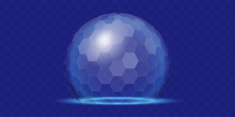 Abstract futuristic 3D sphere from hexagonal polygons for concept security shield. HUD Design Element. Vector Illustration.