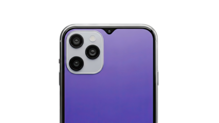 Close-up of a purple smartphone with a triple-lens camera system