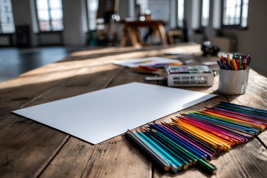 Leerer Zeichenblock und bunte Stifte auf Holztisch im Atelier
