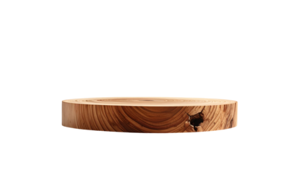 Close-up of a circular wooden slab against a black backdrop, showcasing natural wood grain and a small knot. Perfect for product display