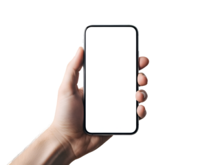 Hand Holding Modern Phone: Blank White Screen Ready for Your Content on white background Isolated on Transparent Background