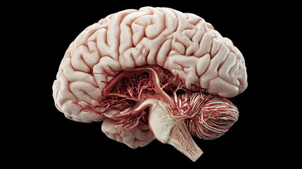 A detailed 3D rendering of a human brain showing exposed nerve fibers and cerebellum, suitable for medical education, neuroscience research, and science visualization.