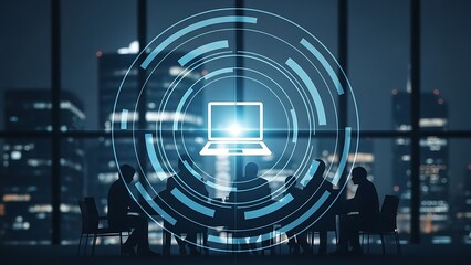 Silhouetted people in meeting room with laptop and blue interface on window