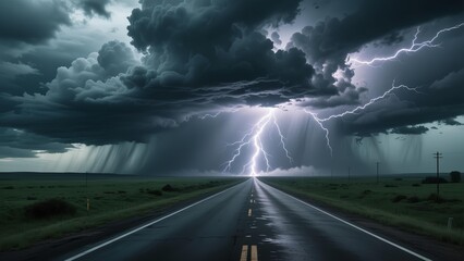 A dramatic lightning storm approaches down a straight road through a vast landscape under dark clouds