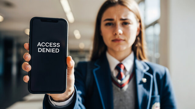 Schoolgirl showing smartphone with "Access Denied" &ndash; symbol of social media restrictions for minors