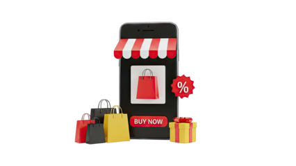 Online Shopping Concept with Phone, Bags, Gift, and Discount