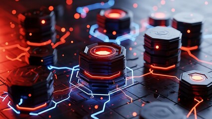 Red and blue glowing circuit boards with neon lights technology innovation