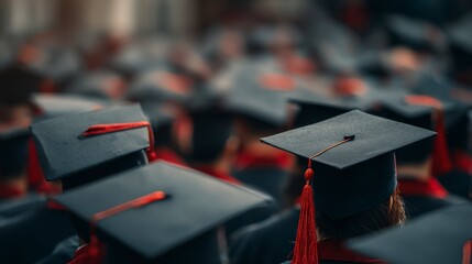 Close-up of a group of graduates wearing black square academic caps with red tassels, celebrating achievements