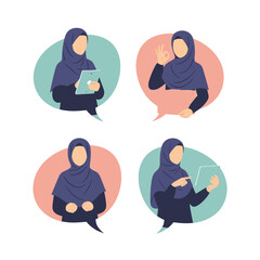 Fototapeta premium Flat vector illustration of hijab women characters having a two-way conversation