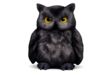 Black owl cartoon character with glowing yellow eyes, illustration of a nocturnal bird, wisdom, mystery and halloween symbol