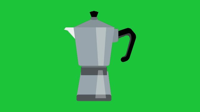 Cartoon moka pot coffee maker isolated on green screen background. Classic espresso brewer animation loop video clip
