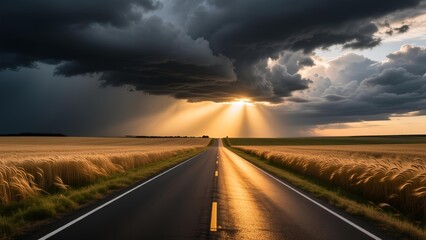 A long straight road through a field under a dramatic cloudy sky with sun rays breaking through