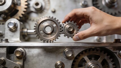 Finance freedom businessman concept. Hand adjusting gears in a mechanical setup.