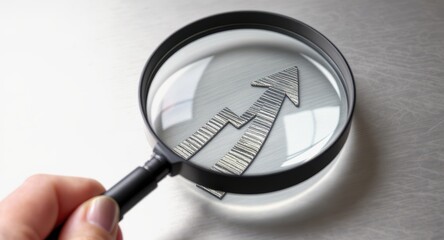 Finance freedom businessman concept. Magnifying glass over a rising arrow on a textured surface.