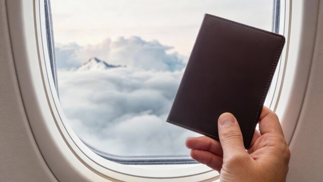 Finance freedom businessman concept. Hand holding a passport by an airplane window with clouds outside.