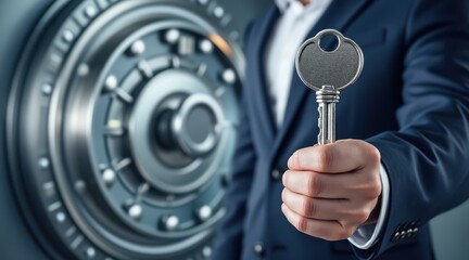 Finance freedom businessman concept. A businessman holds a key in front of a vault door.