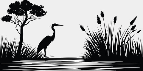 A serene black and white illustration of a heron in a wetland landscape © KrishnaPada