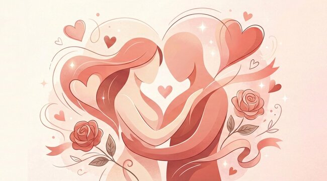 Loving couple embracing with hearts and roses romantic scene