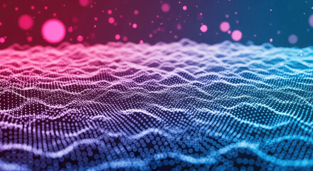 Abstract Wavy Dotted Mesh with Red to Blue Gradient Background and Bokeh Effect, Futuristic and Modern Design, Suitable for Tech and Science