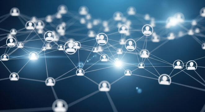 Abstract network connection featuring glowing nodes interconnected by lines on a dark blue backdrop illustrates digital communication and modern technology. - Powered by Adobe