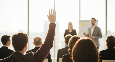 An audience member raises their hand to ask a question during a presentation, the speaker standing near flipchart with bright window light.