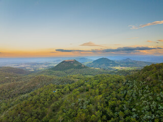 Scenic panoramic sunset views of Table Top Mountain, Toowoomba, Queensland, Australia