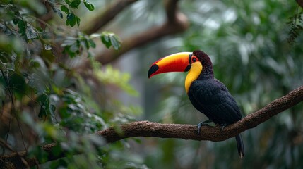 Obraz premium A colorful toucan, perched on a branch, framed by lush green foliage. The bird's beak pops with vibrant orange and red