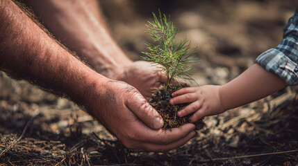 Child and Adult Hands Holding Small Green Plant in Dark Soil
