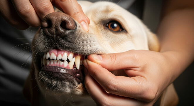 Detailed shot of a person using their fingers to clean a dog's teeth highlighting dental care and oral hygiene in a dimly lit environment.