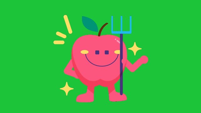 Cute cartoon apple farmer character holding pitchfork, healthy food mascot animation isolated on green screen background