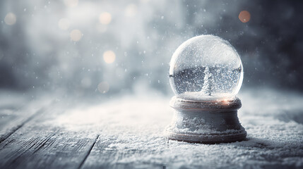 Magical Glass Snow Globe With Miniature Pine Tree On Snowy Wooden Table