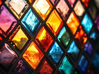 Diamond-shaped stained glass windows casting colorful reflections.