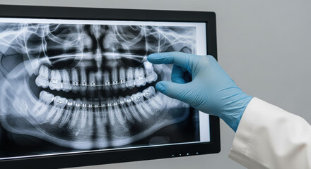 A dental professional examines a black monitor displaying a jaw x-ray, wearing blue gloves and a white coat in a studio setting.