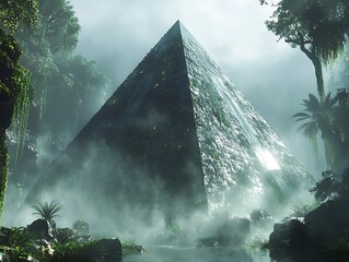A pyramid surrounded by mystical fog in a jungle.