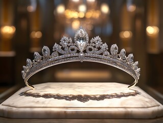 A diamond-studded tiara displayed on a marble pedestal in a museum.