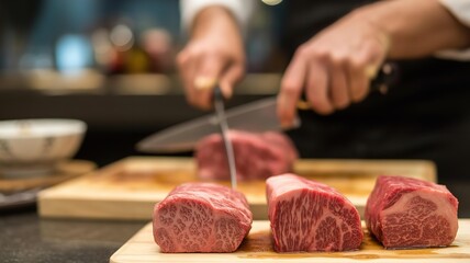 Skilled chef expertly slicing raw wagyu beef into uniform portions on a wooden cutting board in a professional kitchen setting.