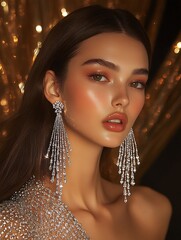 The model is given luxurious makeup and hairstyling for a photoshoot featuring exquisite diamond earrings.
