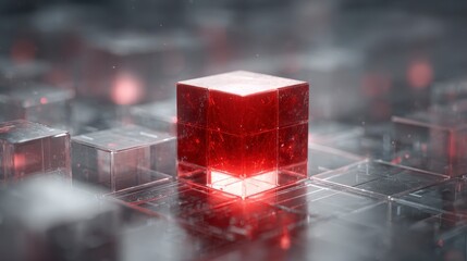 A luminous red cube centerpiece amidst a grid of gray, translucent cubes, generating an abstract geometric composition