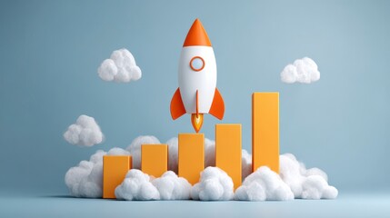 A rocket blasting off from a series of orange bar graphs surrounded by fluffy white clouds against a light blue backdrop