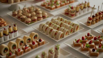 Elegant finger foods and appetizers arranged on multiple white square plates for a sophisticated dining experience or corporate event.