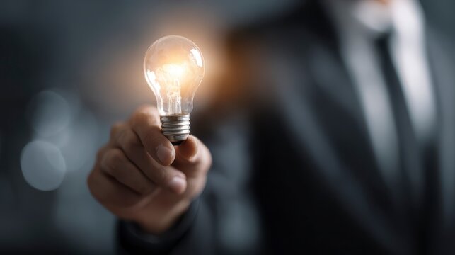 A person in a suit is holding up a glowing light bulb, representing a new idea or inspiration. The background is blurred